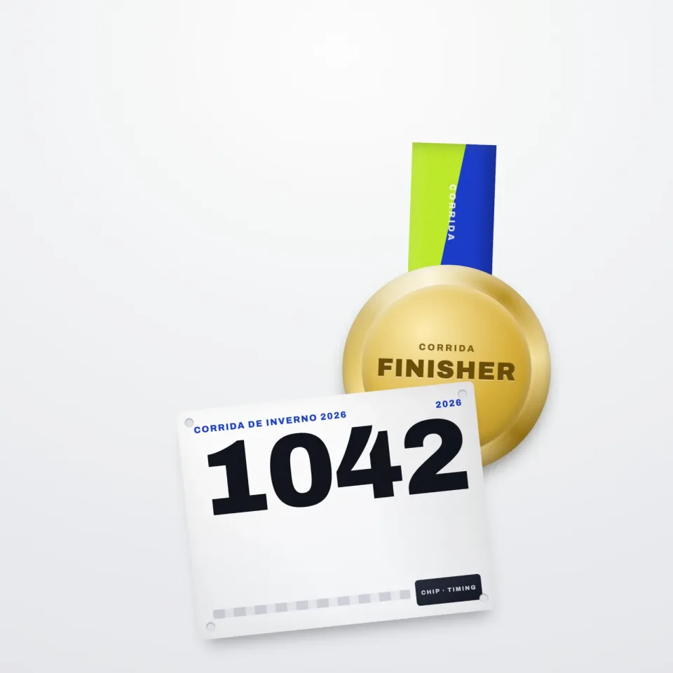 Kit Essencial do evento Corrida de Inverno 2026: número de peito, chip e medalha